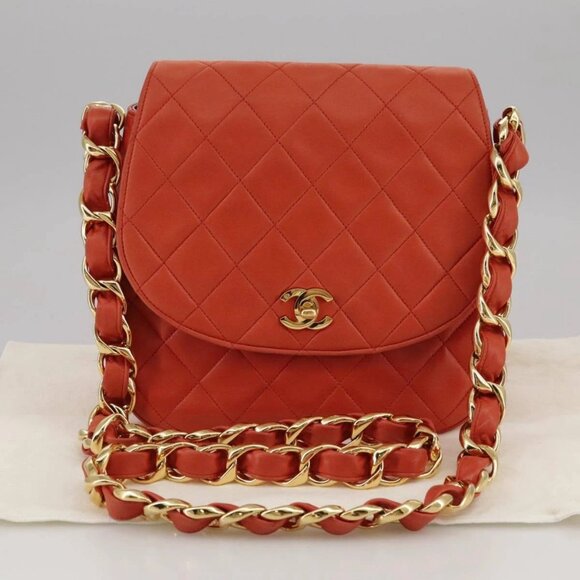 CHANEL Matelasse Chain Shoulder Bag Lamb Skin Orange Gold CC Auth - Picture 1 of 12